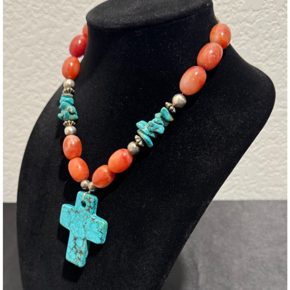 Solid Turquoise Cross Necklace Coral and Sterling Nuggets Heishi Beads 22" 114 g - Picture 7 of 13